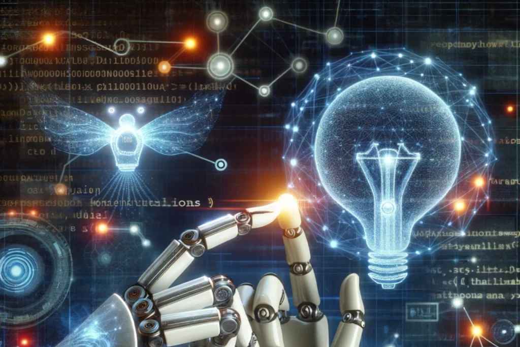 DALL·E 2023-11-20-12.14.40-The-ascent-of-Artificial-Intelligence-with-a-background-of-digital-networks-and-code-with-the-foreground-showing-a-humanoid-robot-hand-touching-a-hum