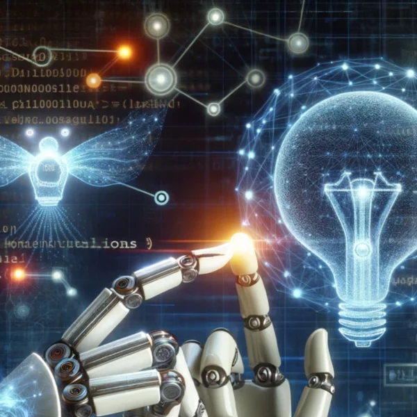 DALL·E 2023-11-20-12.14.40-The-ascent-of-Artificial-Intelligence-with-a-background-of-digital-networks-and-code-with-the-foreground-showing-a-humanoid-robot-hand-touching-a-hum